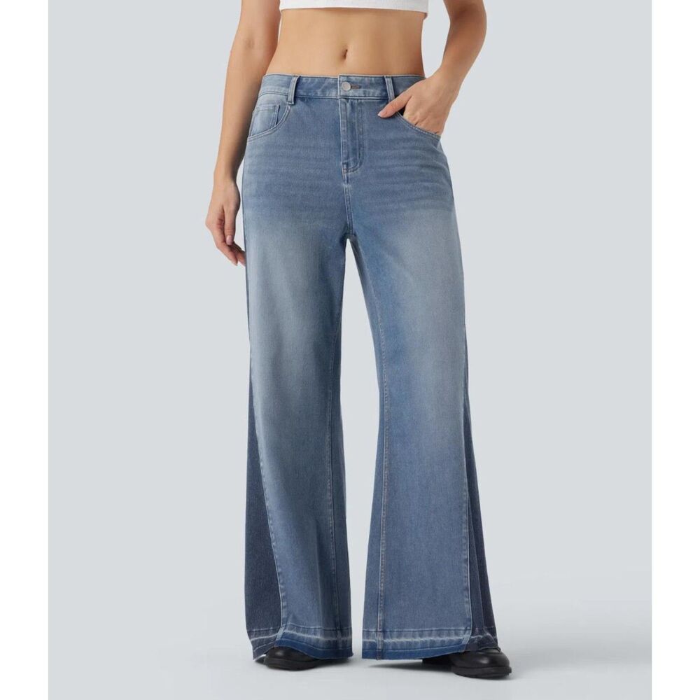 Halara Flex™ Low Rise Color Block Casual Baggy Jeans with Pockets, New! Large
